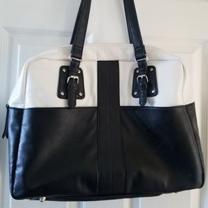 Black and white faux leather laptop bag